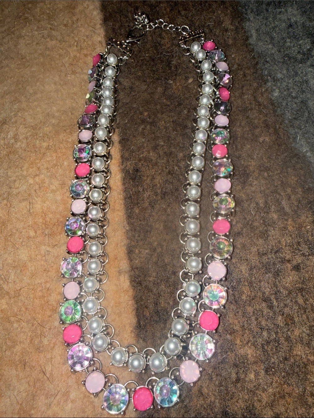 Triple-Row Pink, Pearl & Iridescent Statement Necklace - Women Jewelry